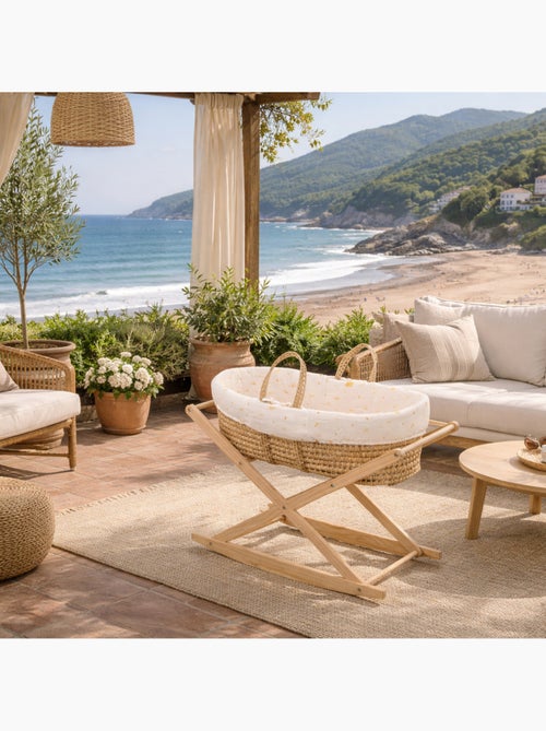 Couffin bébé en fibres naturelles et habillage tissu avec support en pin massif - SAUTHON - Kiabi