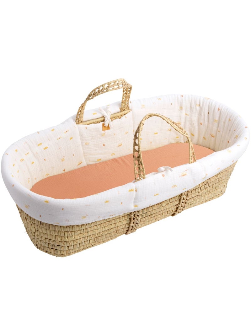 Couffin bébé en fibres naturelles et habillage tissu avec support en pin massif - SAUTHON Blanc Orange - Kiabi