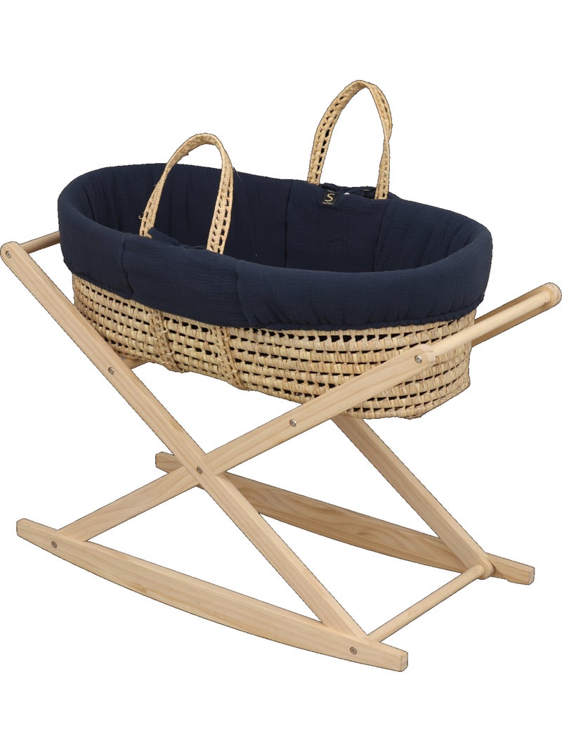 Couffin bébé en fibres naturelles et habillage tissu avec support en pin massif - SAUTHON Bleu Blanc - Kiabi