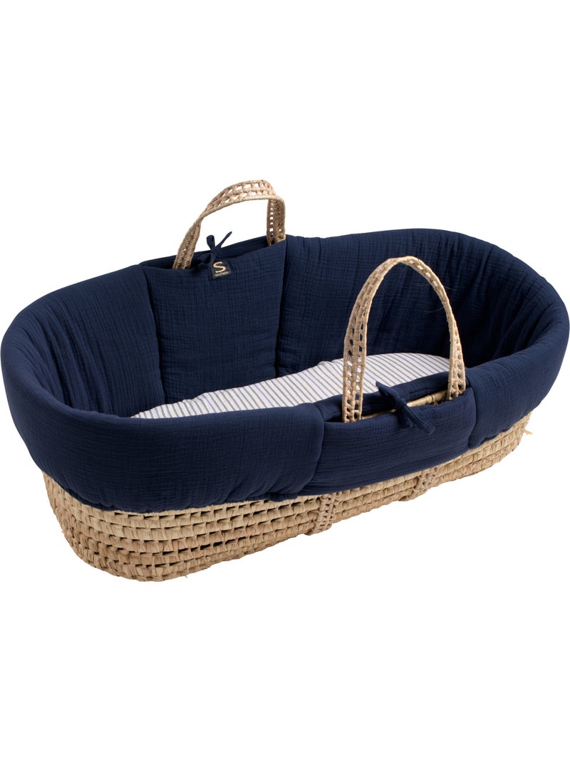 Couffin bébé en fibres naturelles et habillage tissu avec support en pin massif - SAUTHON Bleu Blanc - Kiabi
