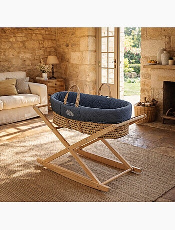 Couffin bébé en fibres naturelles et habillage tissu avec support en pin massif - SAUTHON