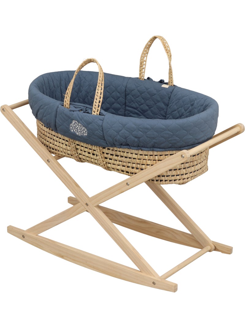Couffin bébé en fibres naturelles et habillage tissu avec support en pin massif - SAUTHON Bleu - Kiabi