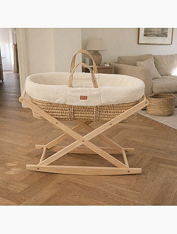 Couffin bébé en fibres naturelles et habillage tissu avec support en pin massif - SAUTHON