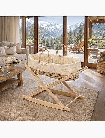Couffin bébé en fibres naturelles et habillage tissu avec support en pin massif - SAUTHON