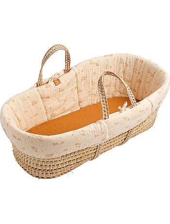 Couffin bébé en fibres naturelles et habillage tissu avec support en pin massif - SAUTHON
