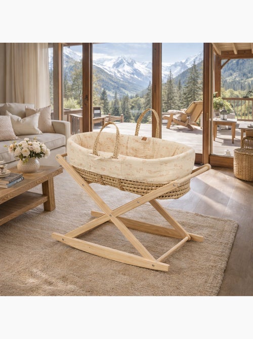 Couffin bébé en fibres naturelles et habillage tissu avec support en pin massif - SAUTHON - Kiabi