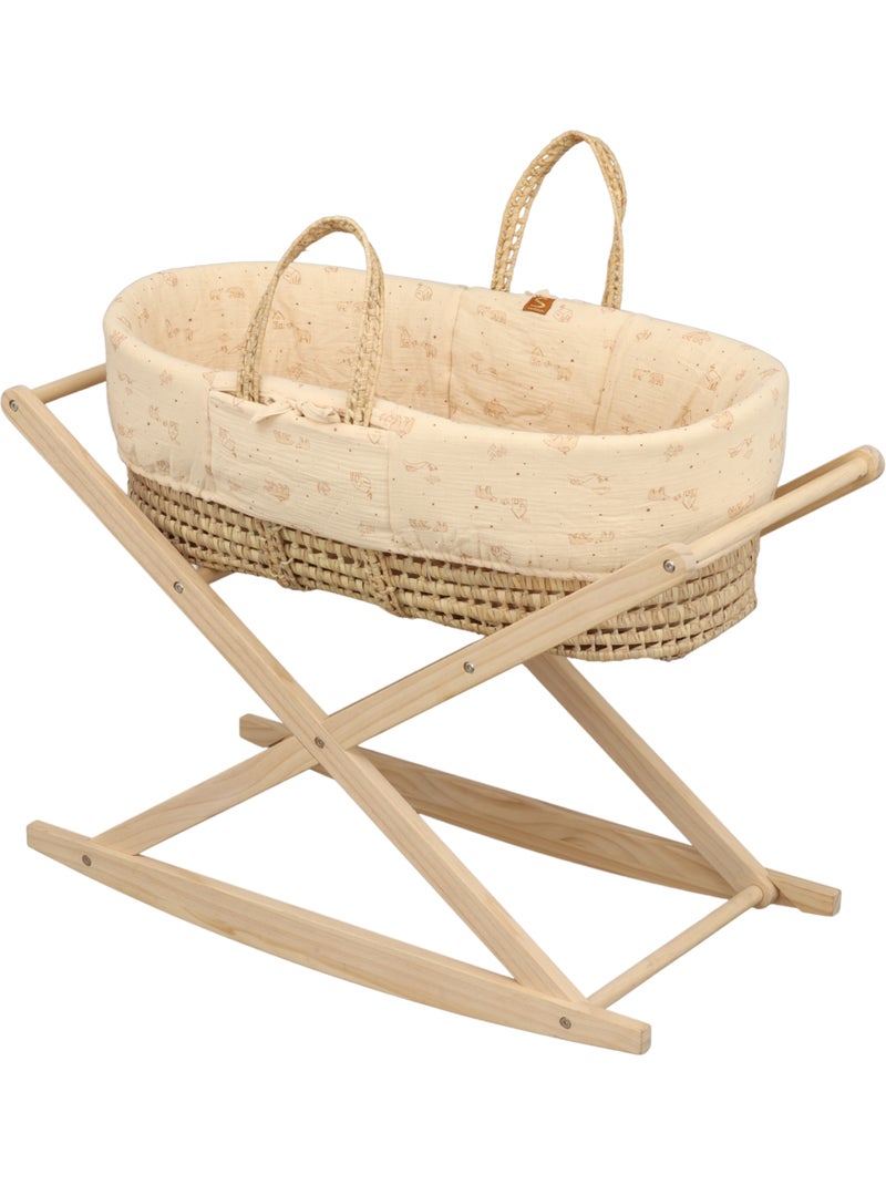 Couffin bébé en fibres naturelles et habillage tissu avec support en pin massif - SAUTHON Marron - Kiabi