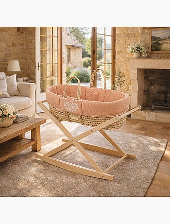Couffin bébé en fibres naturelles et habillage tissu avec support en pin massif - SAUTHON
