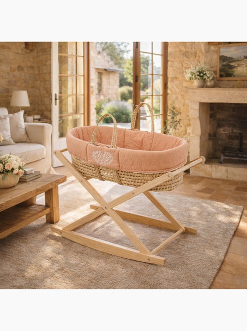 Couffin bébé en fibres naturelles et habillage tissu avec support en pin massif - SAUTHON - Kiabi