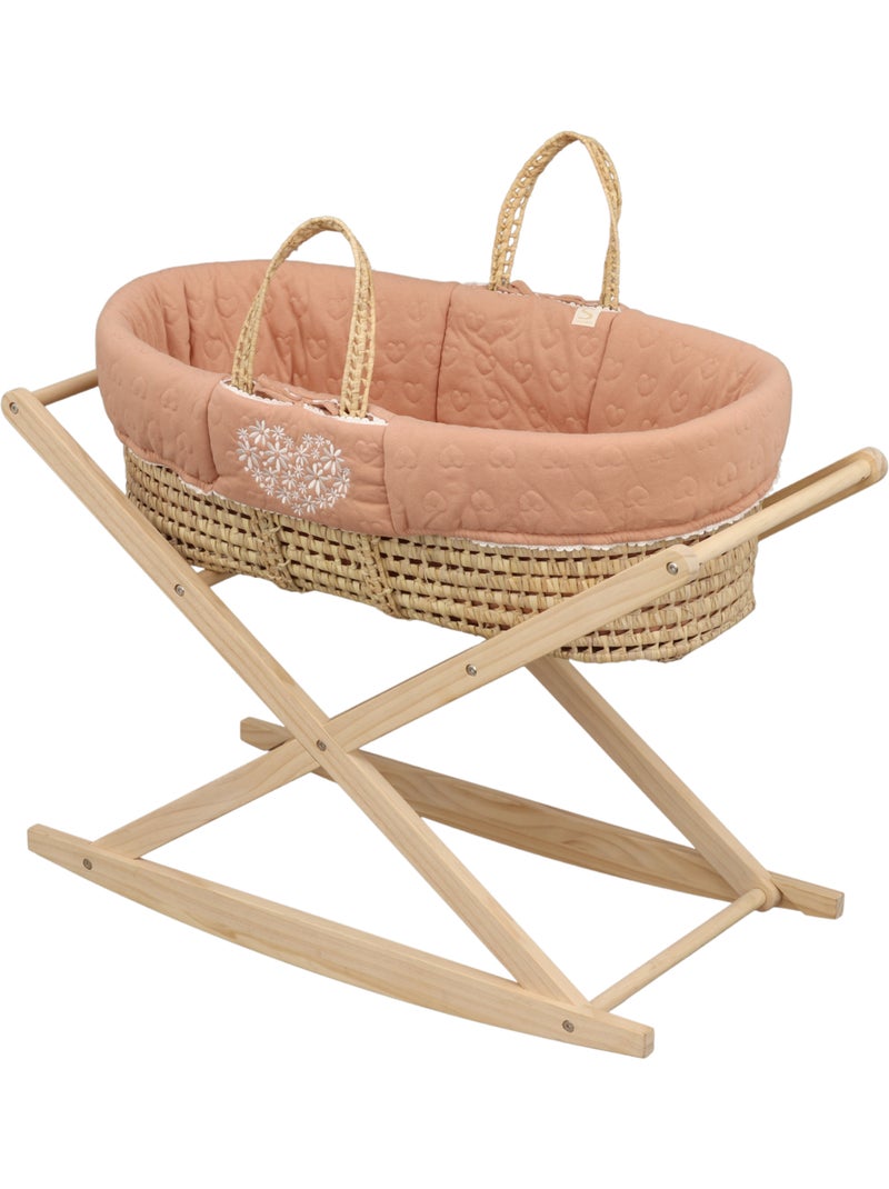 Couffin bébé en fibres naturelles et habillage tissu avec support en pin massif - SAUTHON Rose - Kiabi