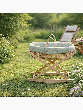 Couffin bébé en fibres naturelles et habillage tissu avec support en pin massif - SAUTHON