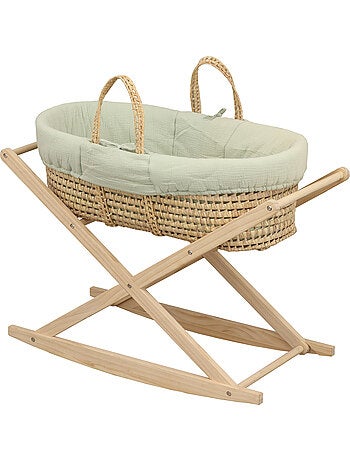 Couffin bébé en fibres naturelles et habillage tissu avec support en pin massif - SAUTHON