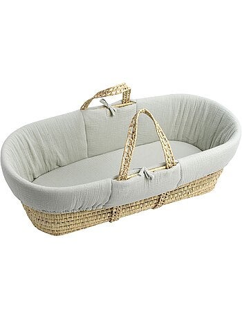 Couffin bébé en fibres naturelles et habillage tissu avec support en pin massif - SAUTHON