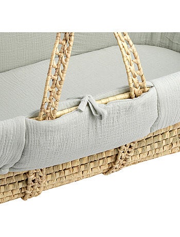 Couffin bébé en fibres naturelles et habillage tissu avec support en pin massif - SAUTHON