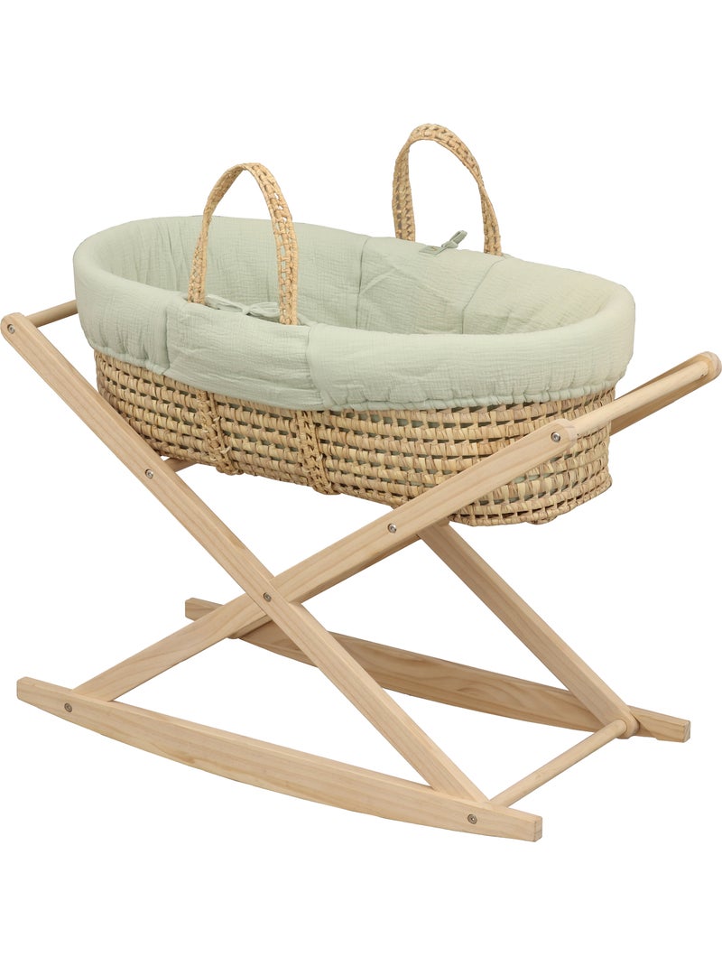 Couffin bébé en fibres naturelles et habillage tissu avec support en pin massif - SAUTHON Vert tilleul - Kiabi