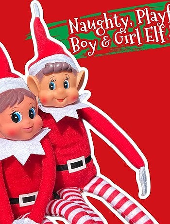 Couple de lutins farceurs Elfie® & Elvie® – 2 lutins de 38 cm – Corps souple & visage vinyle