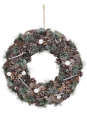 Couronne avec pommes de pin et branches pailletées 50 cm