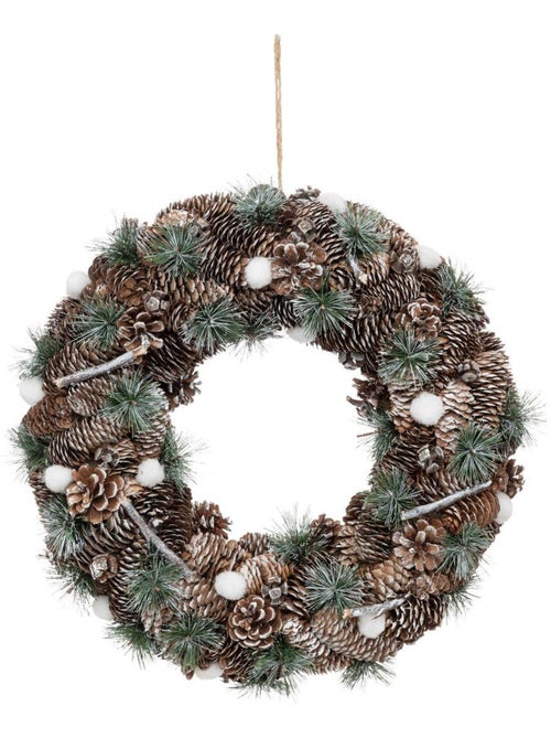 Couronne avec pommes de pin et branches pailletées 50 cm - Kiabi