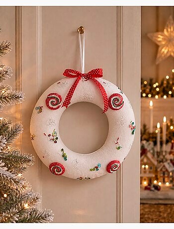 Couronne de noël a suspendre effet velours blanche 25 cm