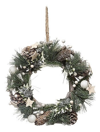 Couronne de noël à suspendre en bois avec boules et pommes de pin