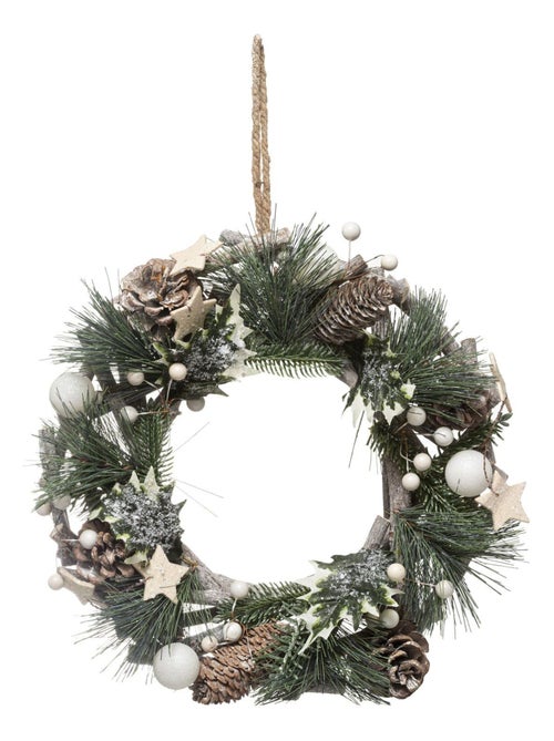 Couronne de noël à suspendre en bois avec boules et pommes de pin - Kiabi