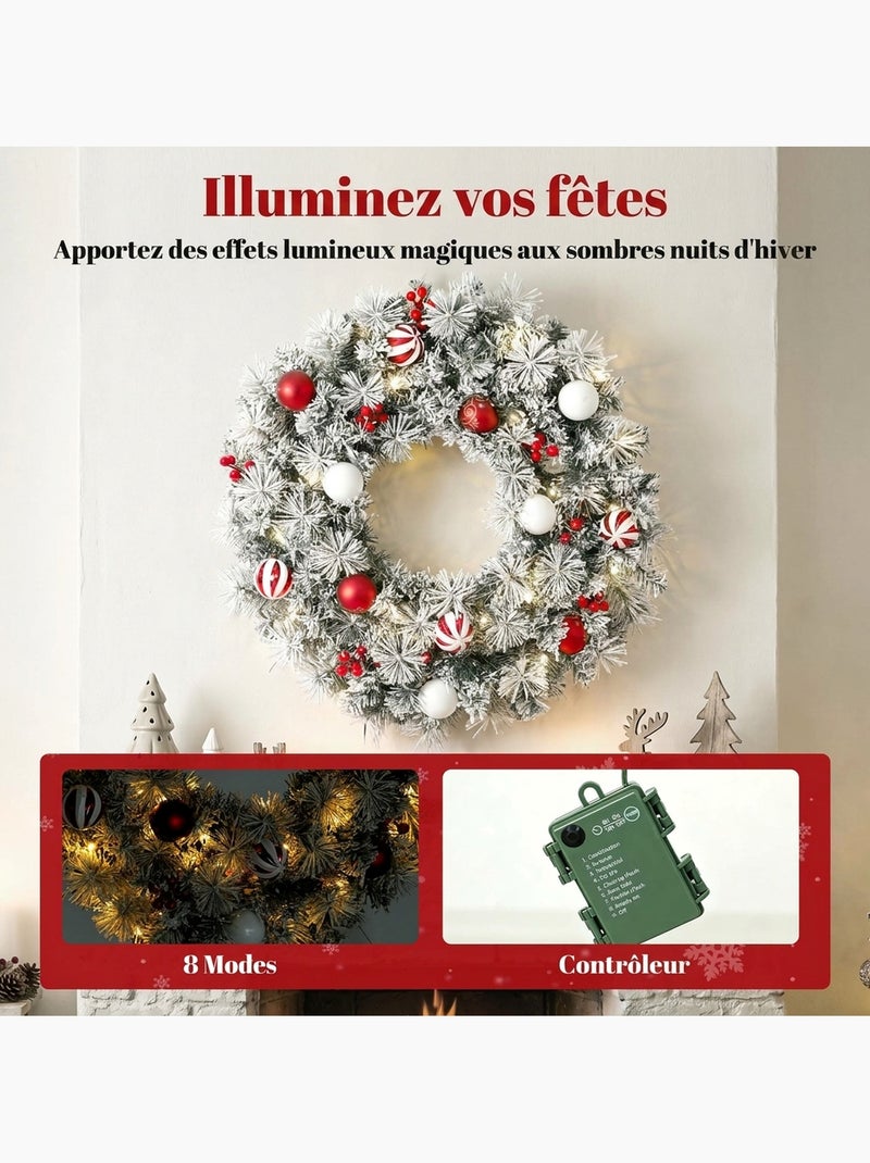 Couronne de noël led enneigée décorée dia.60cm Blanc Blanc - Kiabi