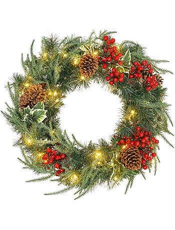 Couronne de noël led x 35 dia. 60 cm pommes de pin baies rouges houx