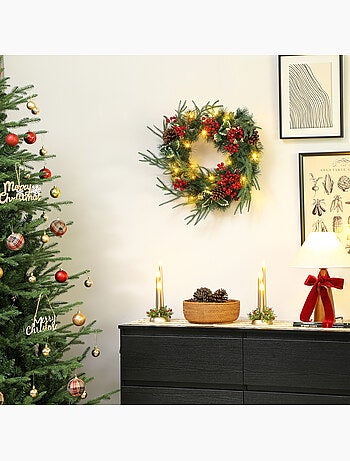 Couronne de noël led x 35 dia. 60 cm pommes de pin baies rouges houx