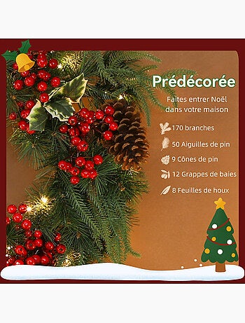 Couronne de noël led x 35 dia. 60 cm pommes de pin baies rouges houx