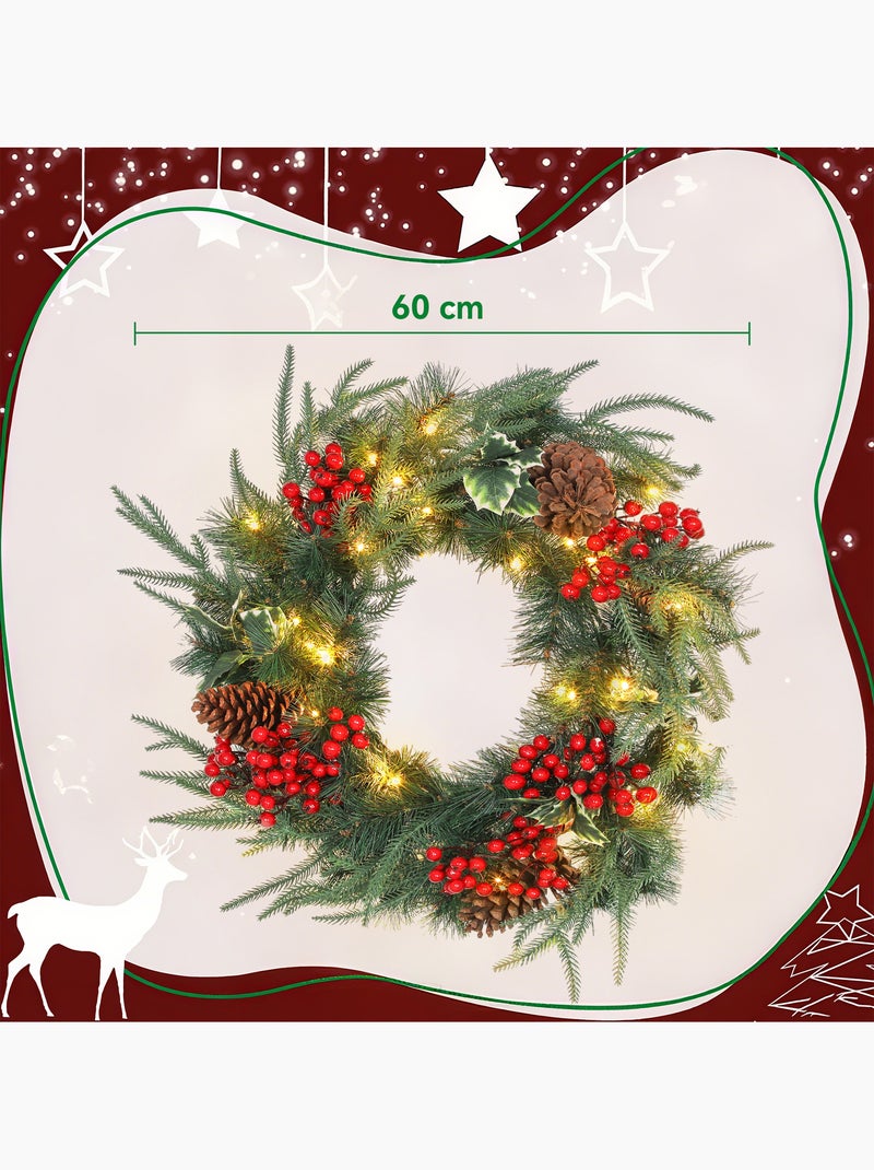 Couronne de noël led x 35 dia. 60 cm pommes de pin baies rouges houx Vert - Kiabi