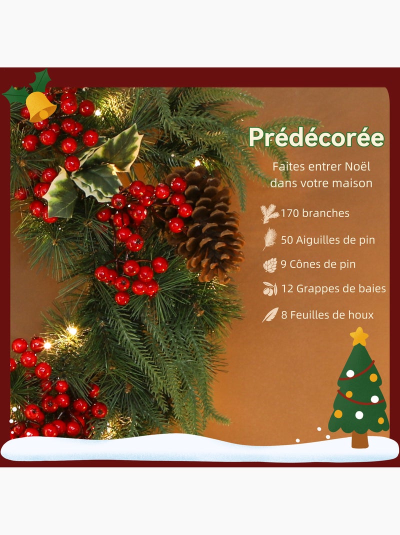 Couronne de noël led x 35 dia. 60 cm pommes de pin baies rouges houx Vert - Kiabi