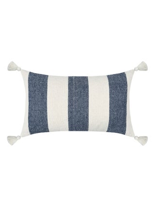 Coussin à bandes bleues à pompons