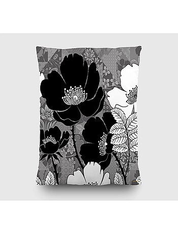 Coussin a motif a fleurs blanche et noir - 45 cm x 45 cm