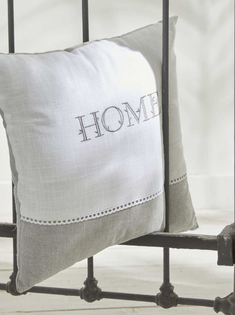 Coussin brodé déhoussable en coton blanc/gris - Kiabi
