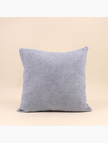 Coussin brodé feuillage avec lin gris 40x40cm