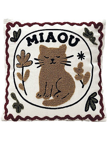 Coussin brodé motif chat décoratif