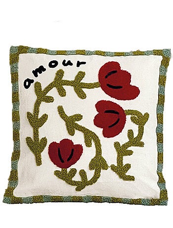 Coussin brodé motif coquelicot