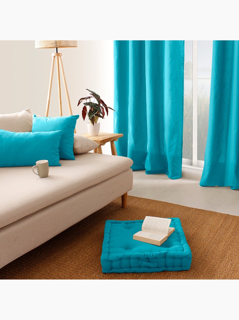 Coussin carré déhoussable en coton PANAMA Bleu turquoise - Kiabi