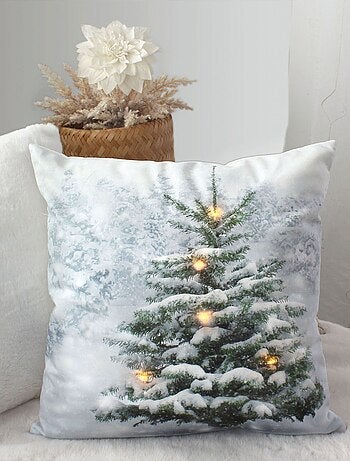 Coussin carré lumineux en velours imprimé sapin