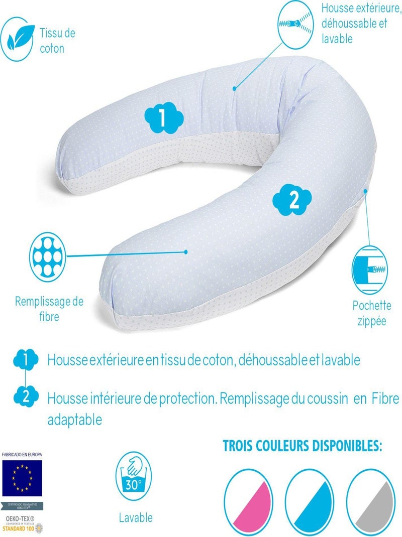 Coussin d'allaitement Bebe évolutif BLEU 160 CM - Déhoussable avec remplissage mircrofibres Bleu - Kiabi