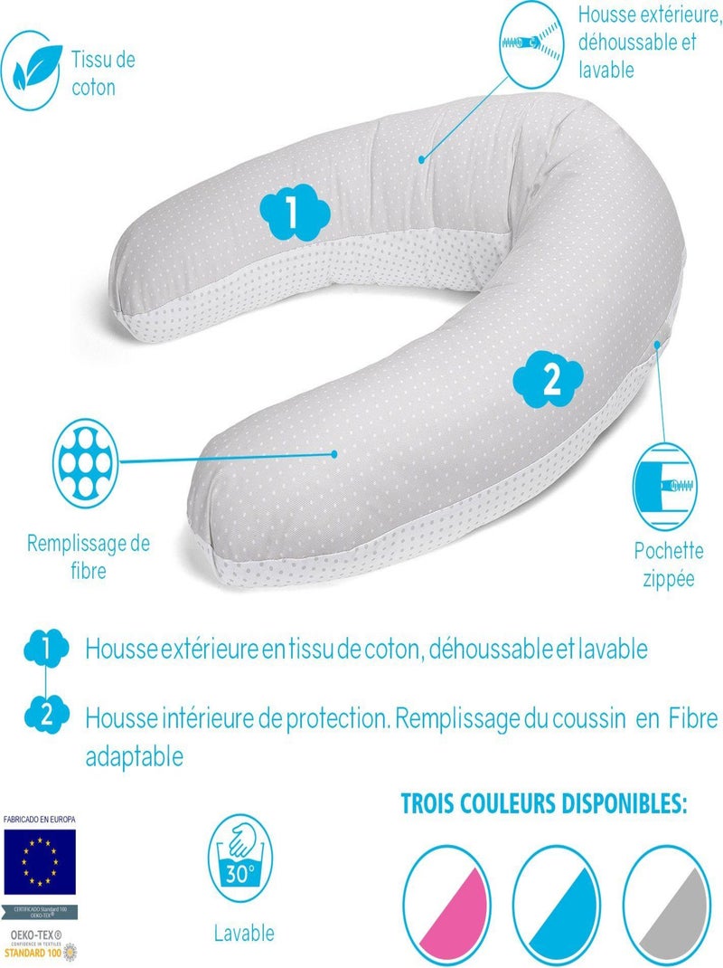 Coussin d'allaitement Bebe évolutif GRIS 160 CM - Déhoussable avec remplissage mircrofibres Gris - Kiabi