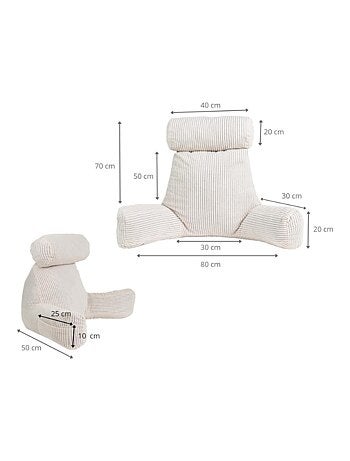 Coussin de lecture déhoussable en velours côtelé 80x50x70 cm gris