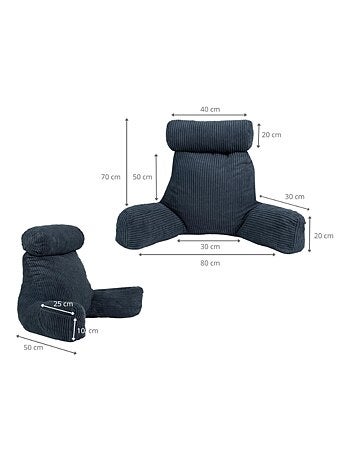 Coussin de lecture déhoussable en velours côtelé 80x50x70 cm gris