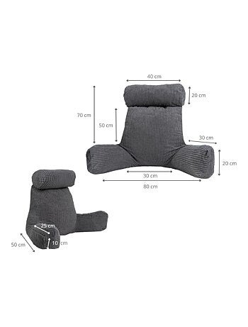Coussin de lecture déhoussable en velours côtelé 80x50x70 cm gris