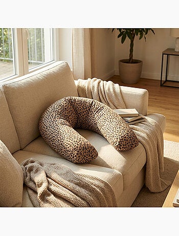 Coussin de Maternité 3 en 1 : Grossesse, Allaitement, Repos Bébé - Housse Double Gaze Coton Léopard