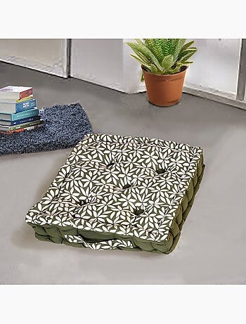 Coussin de sol bicolore capitonné super épais 10cm, Kaki / Imprimé Floral Kaki