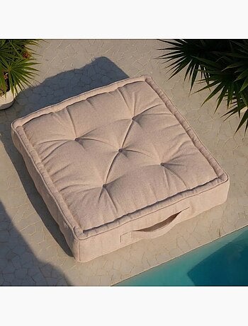 Coussin de sol effet lin déperlant & anti-uv beige 60x60cm