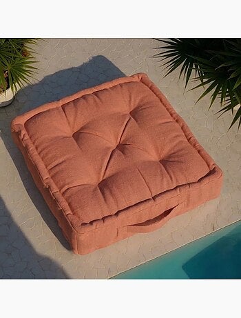 Coussin de sol effet lin déperlant & anti-uv terracotta 60x60cm