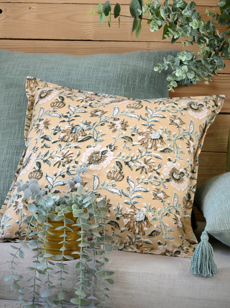 Coussin décoratif végétal graphique Jaune moutarde - Kiabi