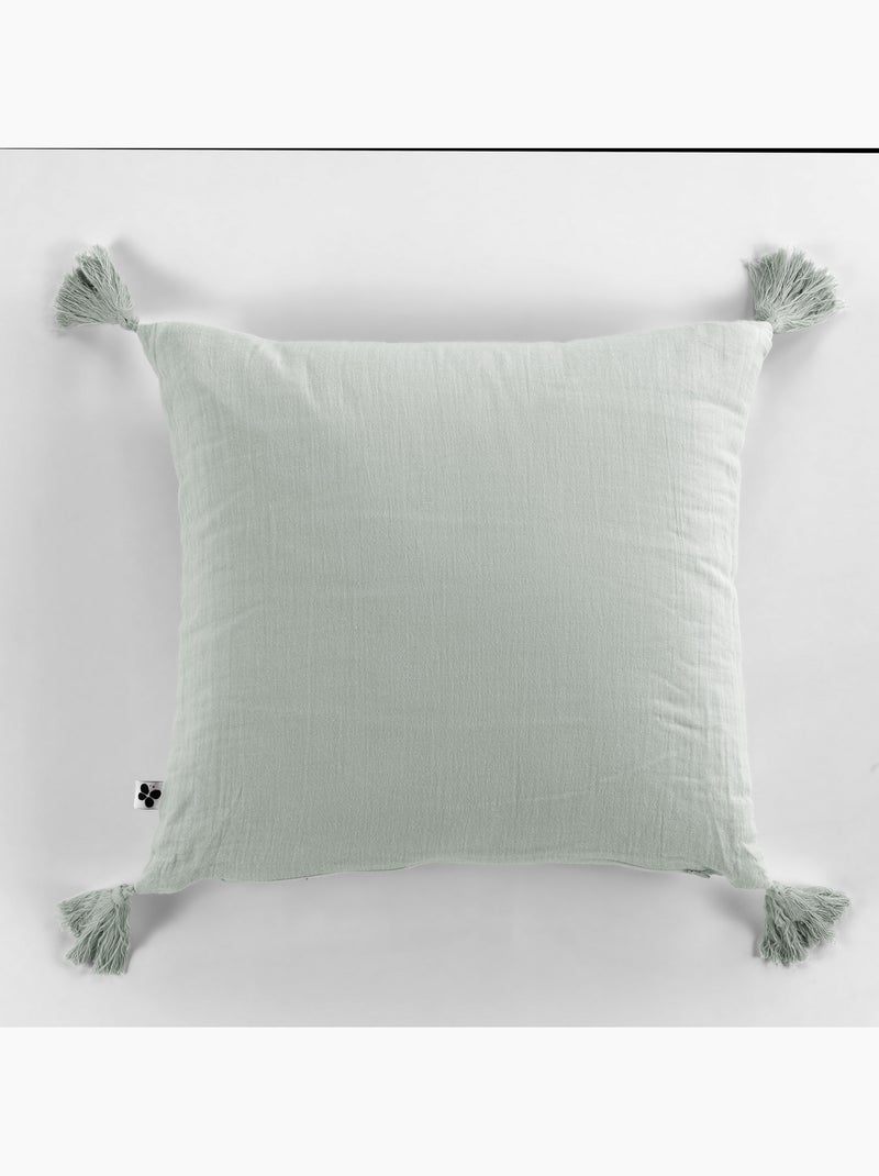 Coussin déhoussable - Gaze de coton - Pompons - Gaïa Vert eucalyptus - Kiabi